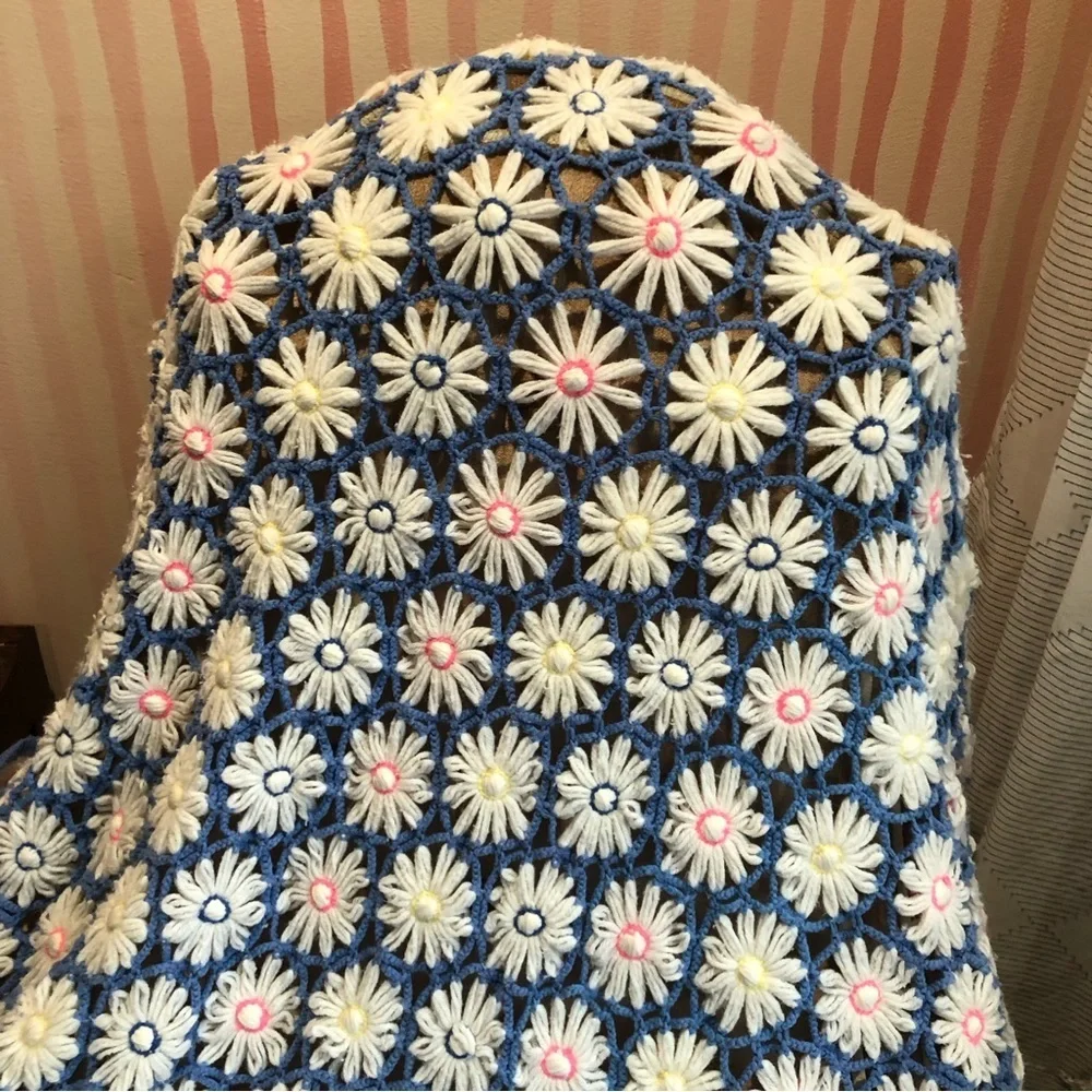 Vintage daisy granny square crochet afghan blanket throw polyester blue